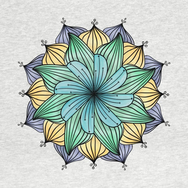 Blue, Green and Yellow Floral Mandala by CarrieBrose